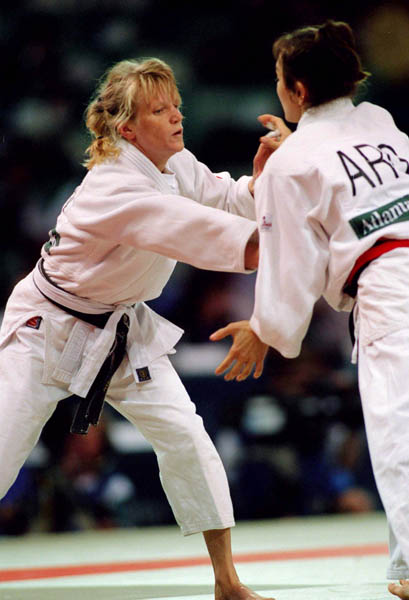 Canadas Natalie Gosselin left competes in the judo event at the 1996 Atlanta Summer Olympic Games